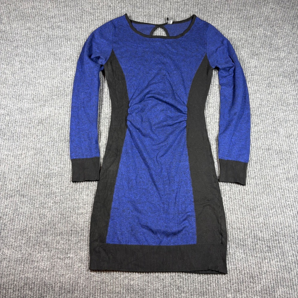 Poof Couture Dress Womens L Blue‎ Black Colorblock Ruched Long Sleeve Sweater